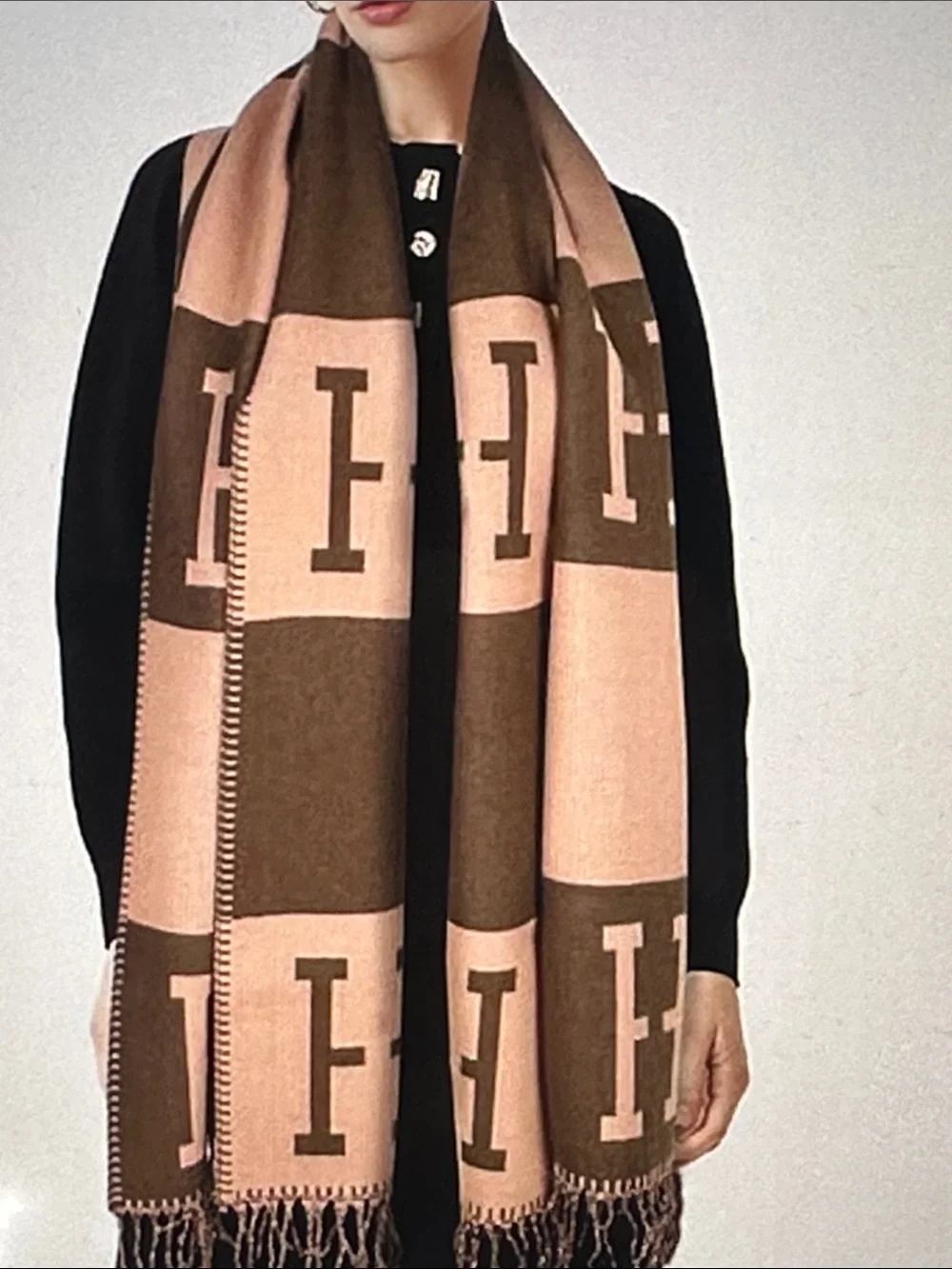 Women’s Monogram H Pattern Fringe silky shawl wrap- Brown & Tan